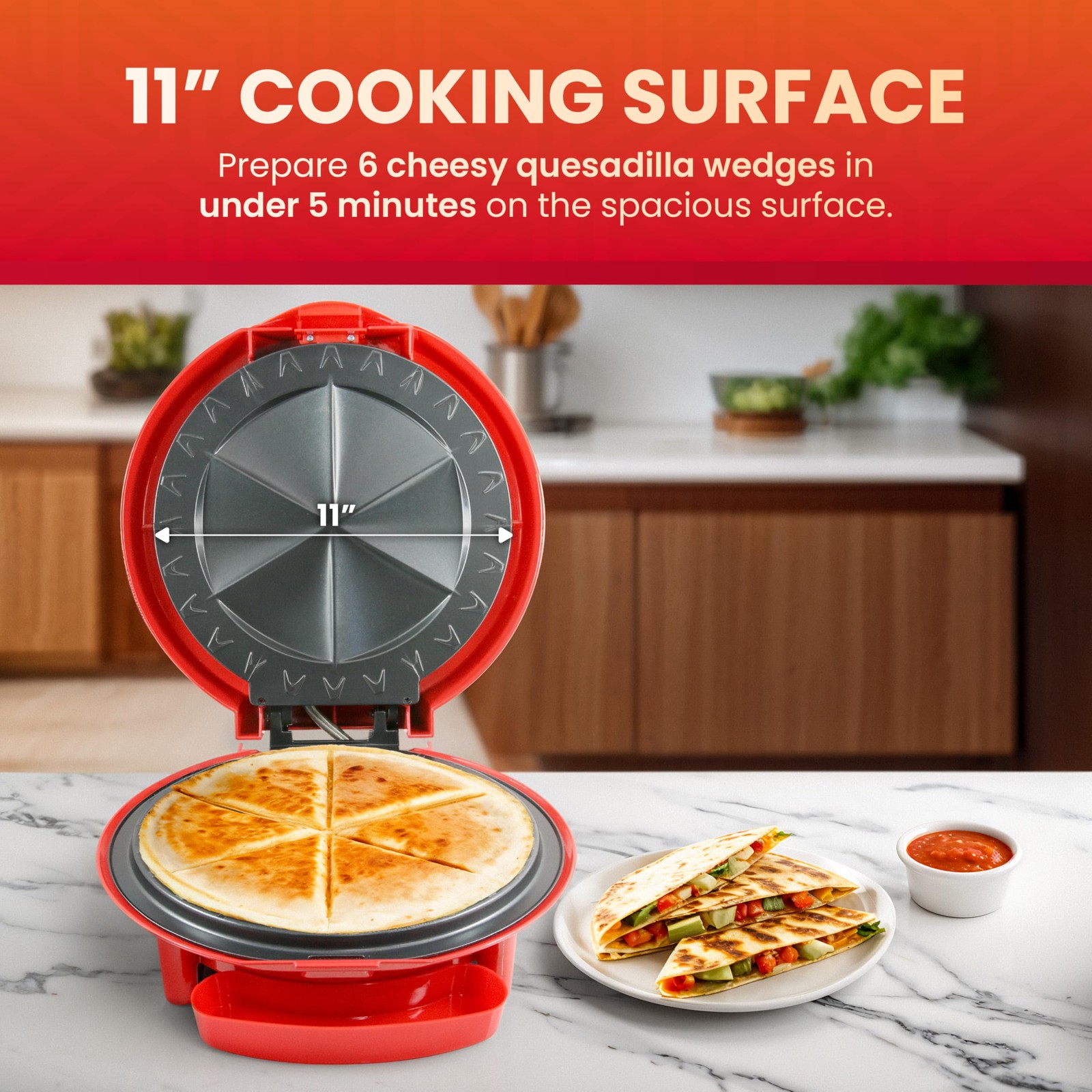 Elite Gourmet EQD-118 11″ Quesadilla Maker, Easy-Slice 6-Wedge, Red 11 “,