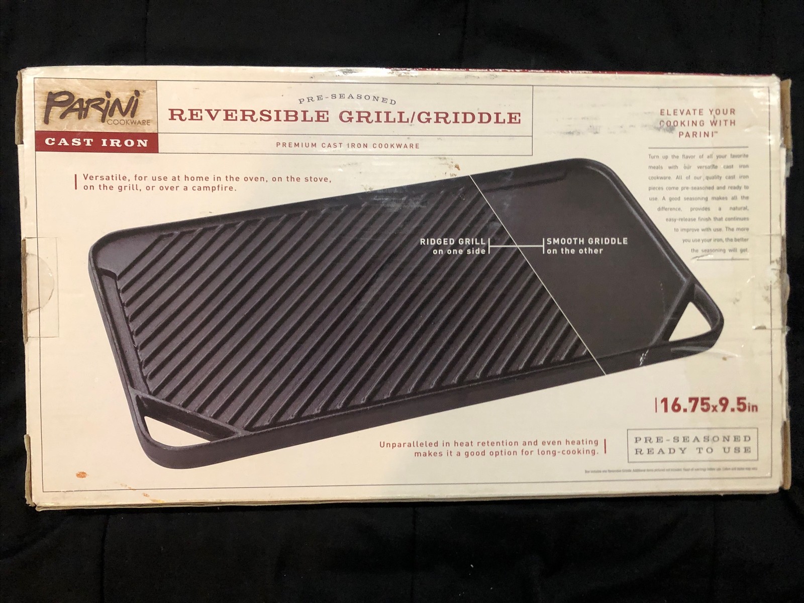 Parini Cast Iron Pre-Seasoned Reversible Grill/Griddle 16.75inx9.5in
