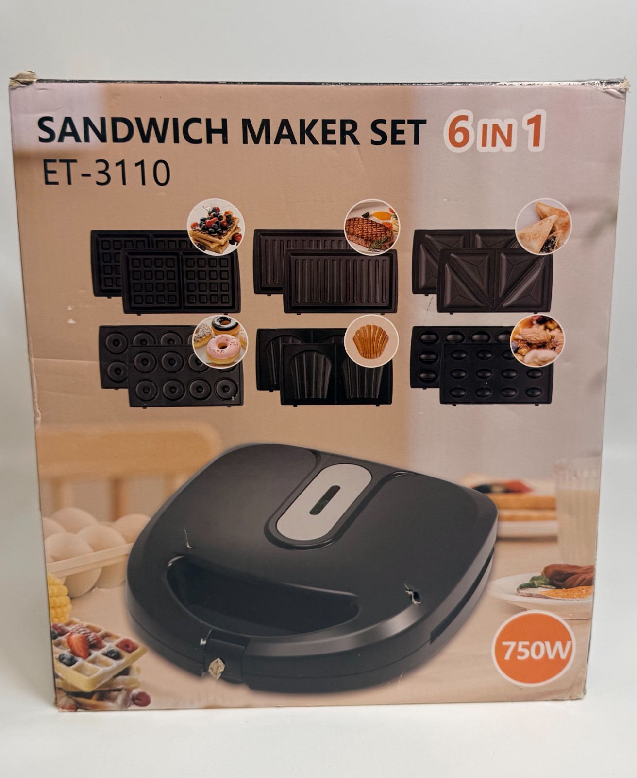Sandwich Maker Set 6 in1 Grill & Waffle Non-Stick Plates Black *NEW Damaged Box*