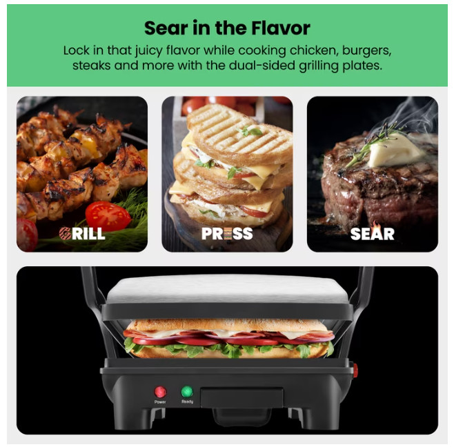 Chefman 3-in-1 Panini Press Grill 4-Slice Nonstick Opens Flat Stainless Steel