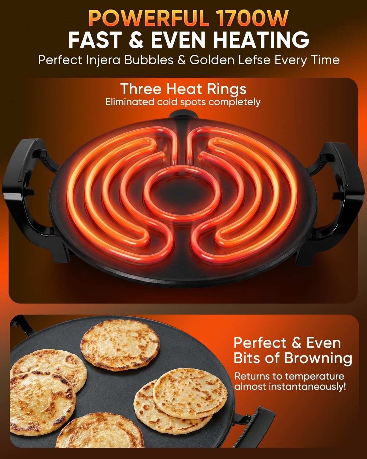 Ethiopian 18.5″ Injera Maker Mitad (Mogogo), Electric Griddle with Adjustable Te