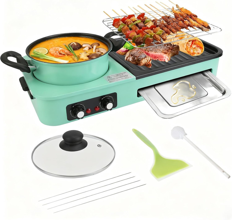 3 In 1 Electric Hot Pot Grill with Dual Temp Control 1600W Non-Stick Cooker Pan