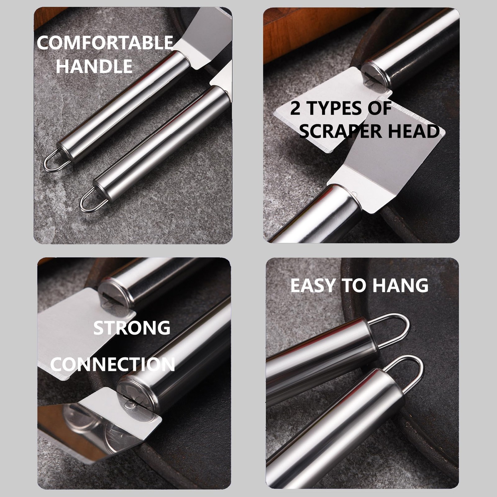 2 PCS Stainless Steel Scrapers – Multifunctional Scraper L, Metallic Silver