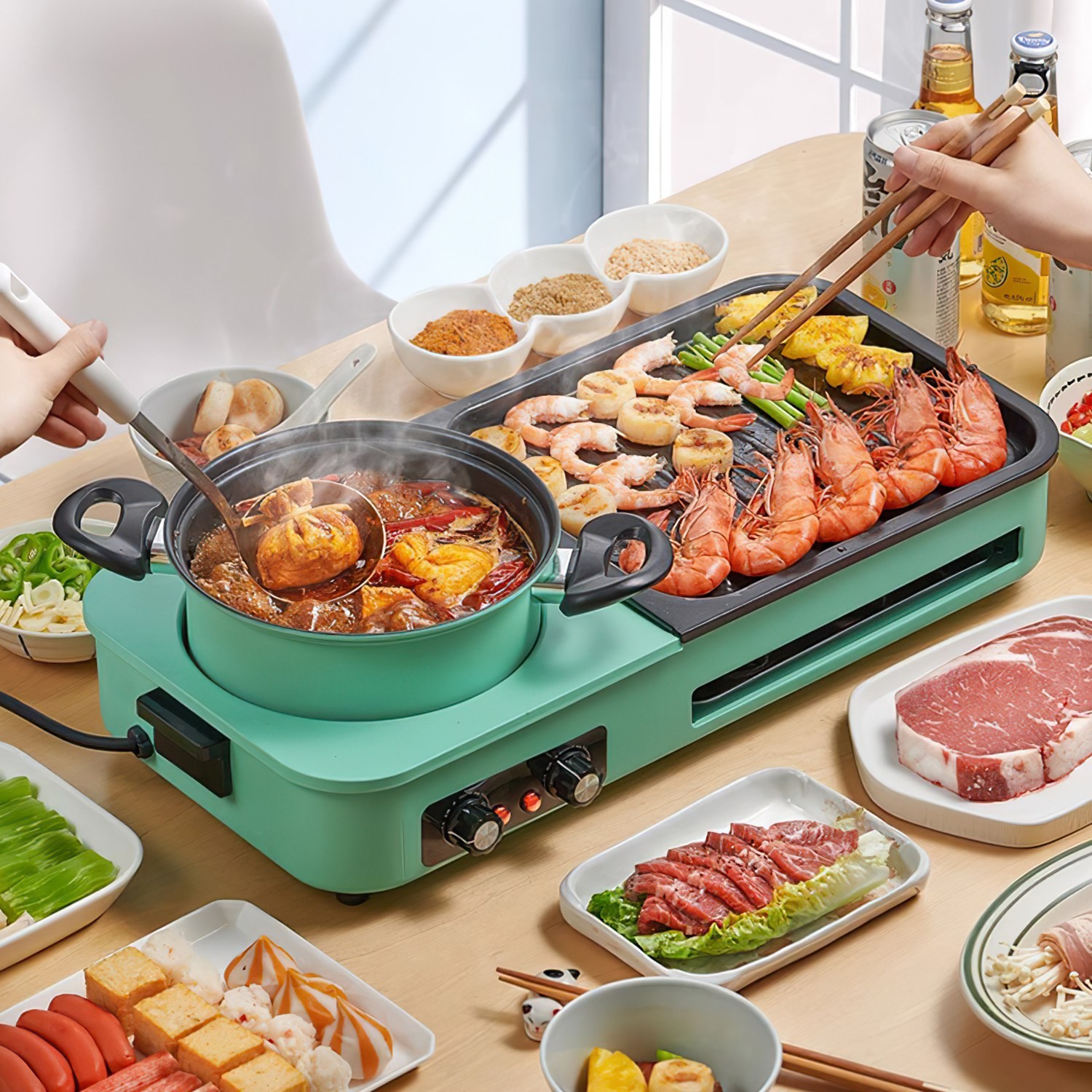 Electric Hot Pot with Grill Smokeless Non-Stick Korean BBQ Grill Shabu Shabu