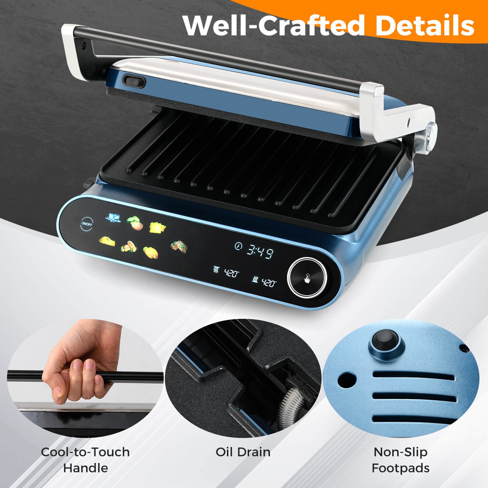 1200W Indoor Panini Electric Contact Grill with 2 Non-Stick Dishwasher-Safe