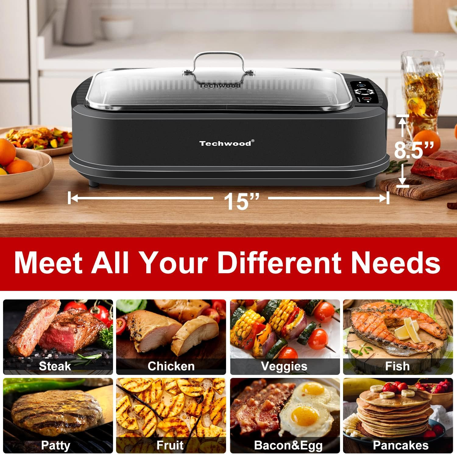 Techwood Indoor Grill Smokeless Grill, Electric Korean BBQ Grill with Glass Lid,