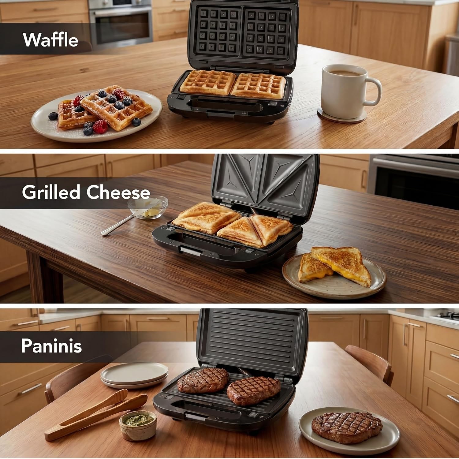 3-in-1 Sandwich Maker Waffle Maker & Panini Press Grill 800W Electric Breakfast