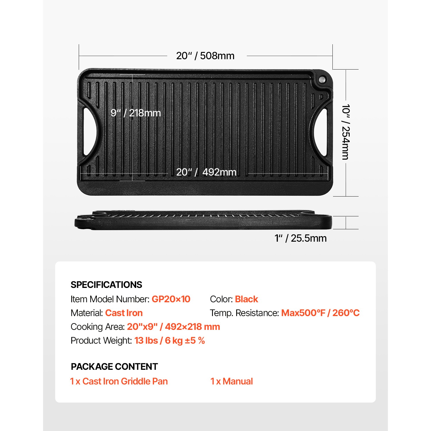 Uimoso 20x10in Dual-Sided Cast Iron BBQ Griddle with Pre-Seasoned Surface