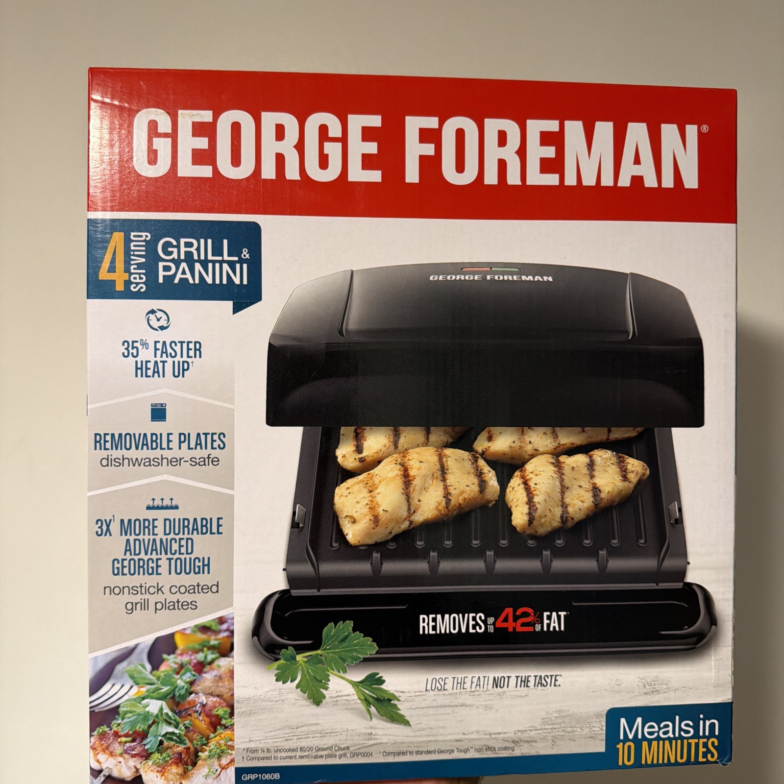 GEORGE FOREMAN GRILL & Panini 4 Serving 60sq In , MODEL GRP1060B, NEW IN BOX!