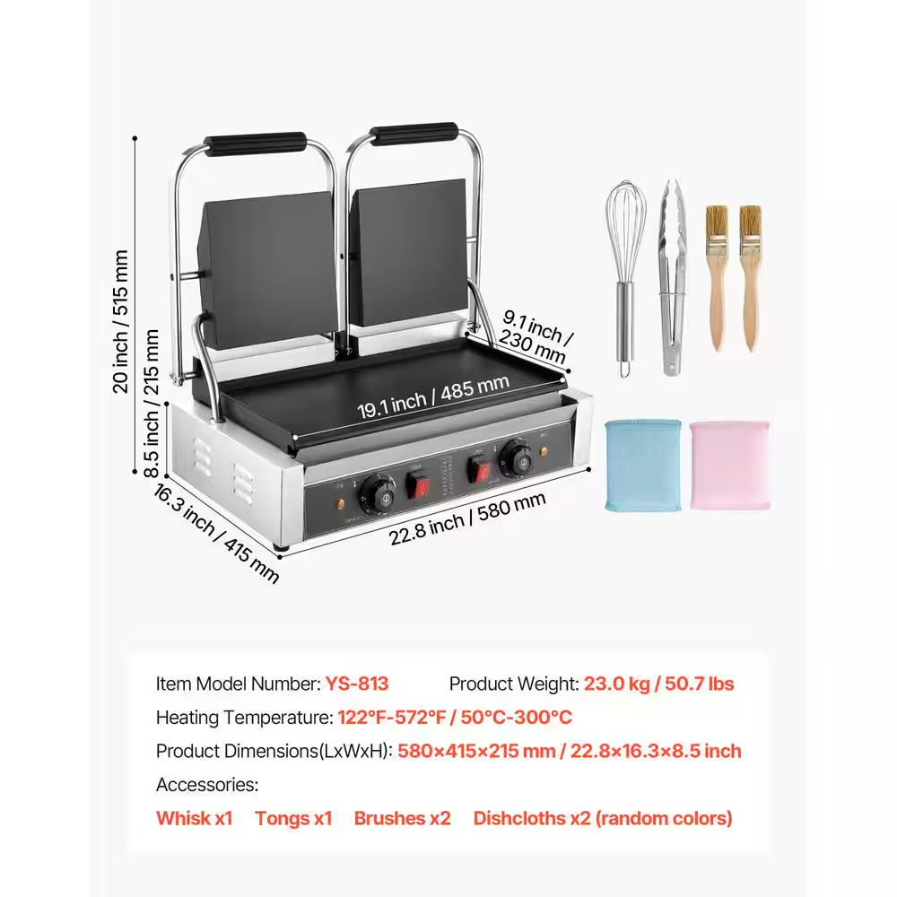 3,600 W Commercial Panini Grill, Electric Sandwich Maker, Stainless Steel Double