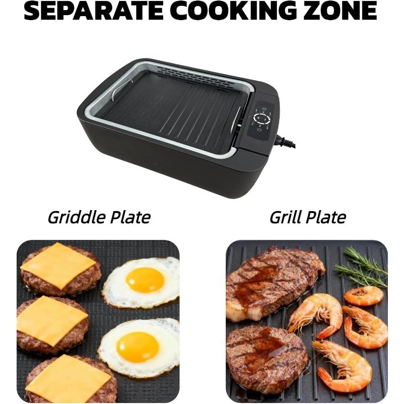 Indoor Smokeless Grill & Griddle, 1100W Electric Gill for BBQ, Smoke Extraction
