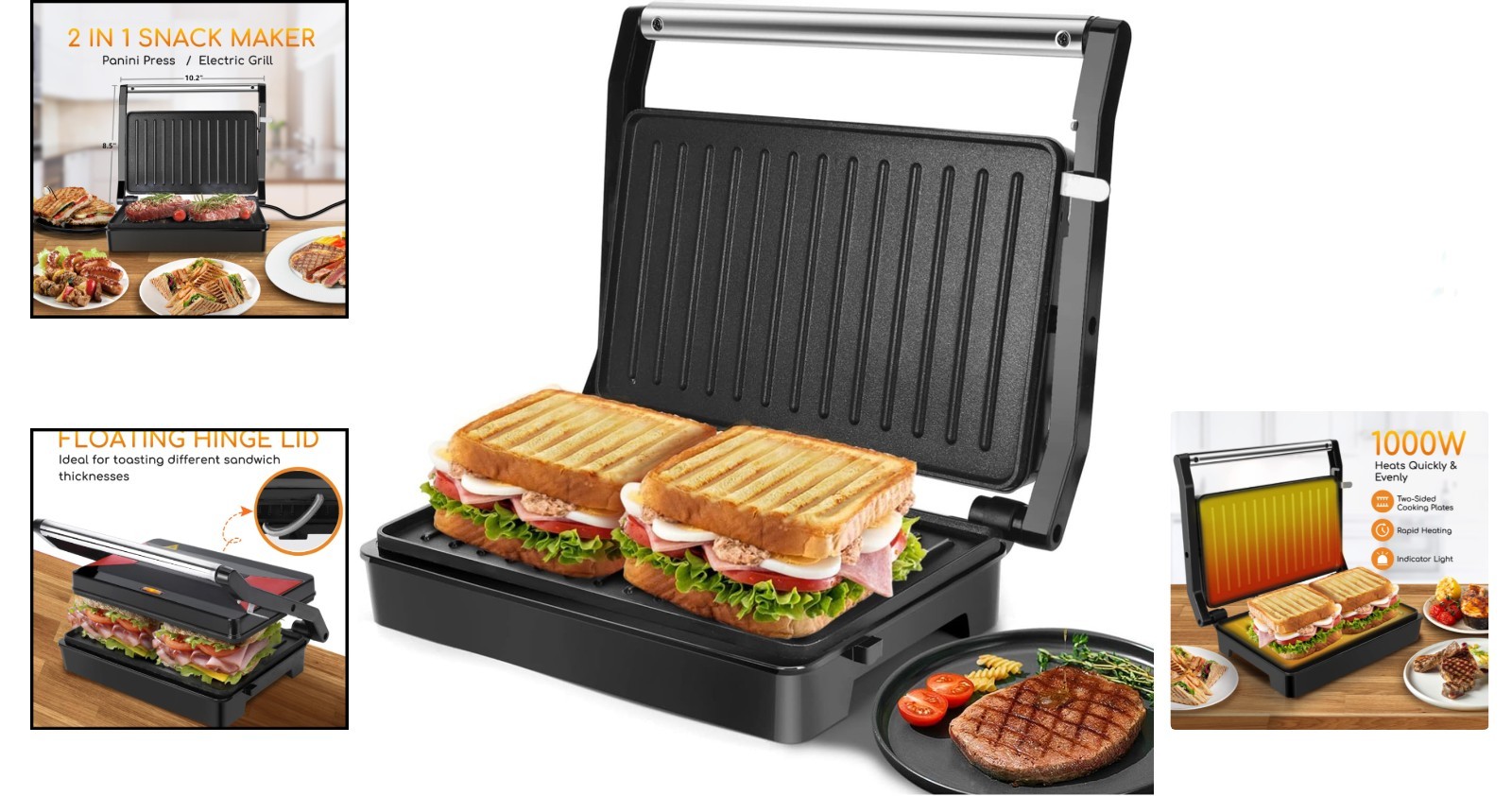 Panini Press Sandwich Maker, 1000W Sandwich Press Grill with Non-Stick Coated