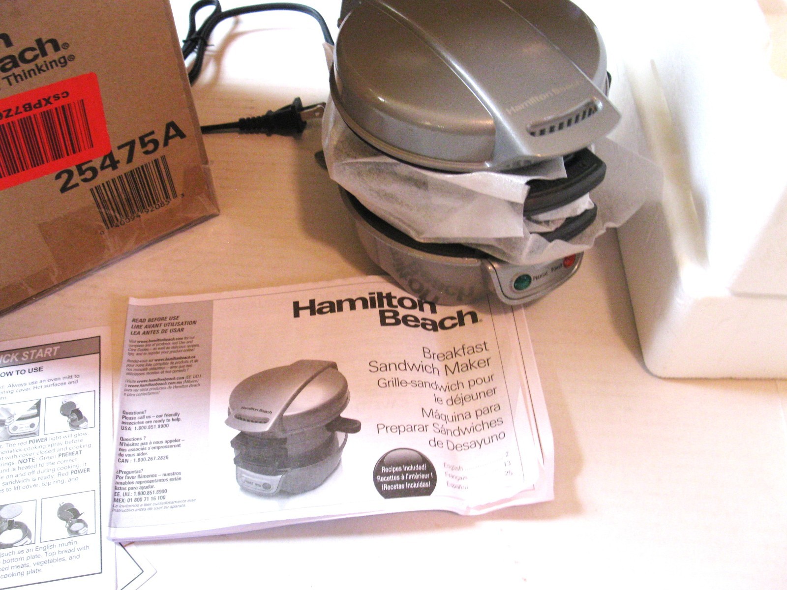 Hamilton Beach Breakfast Sandwich Maker 25475A Original Packaging & Instructions