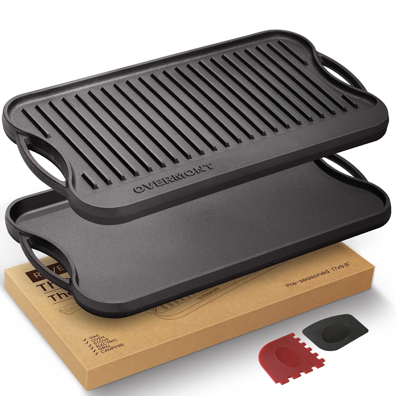 Reversible Cast Iron Grill – 17″ x 9.8″ Dual-Sided Griddle Pan
