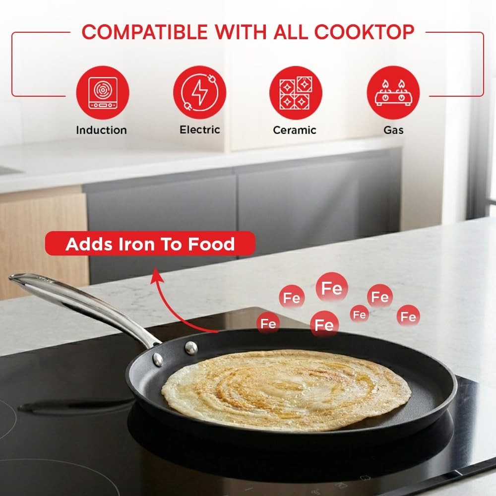 Vinod Ferona Cast Iron Dosa Tawa Gas Stick-Free Metal Spoon Safe PTFE Free