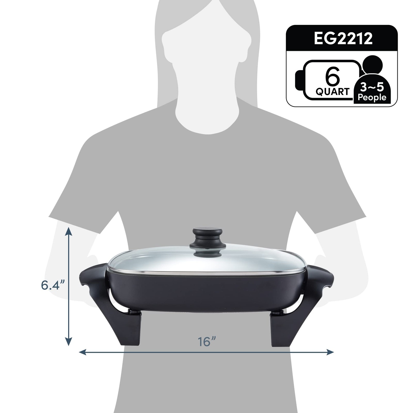 Elite Gourmet Ceramic Electric Skillet, PFAS Free, Dark Grey, 12″ – 1200W