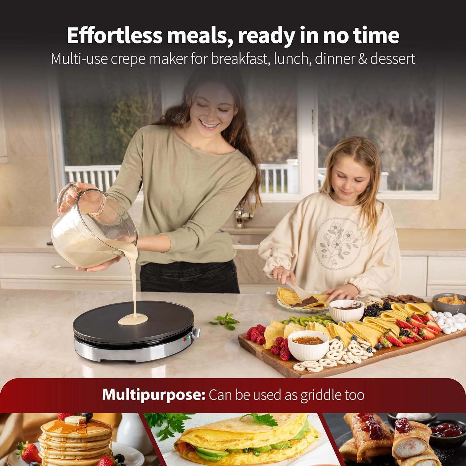 12″ Electric Crepe Maker Nonstick Griddle Pancakes Omelets Stainless Steel