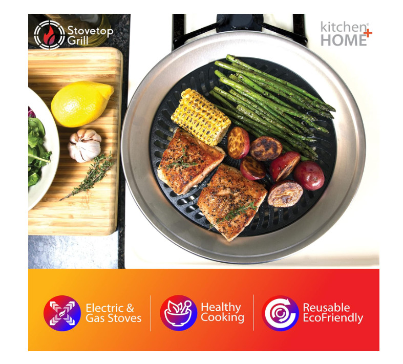 Kitchen + Home Stove Top Smokeless Grill Indoor BBQ, Stainless Steel…….