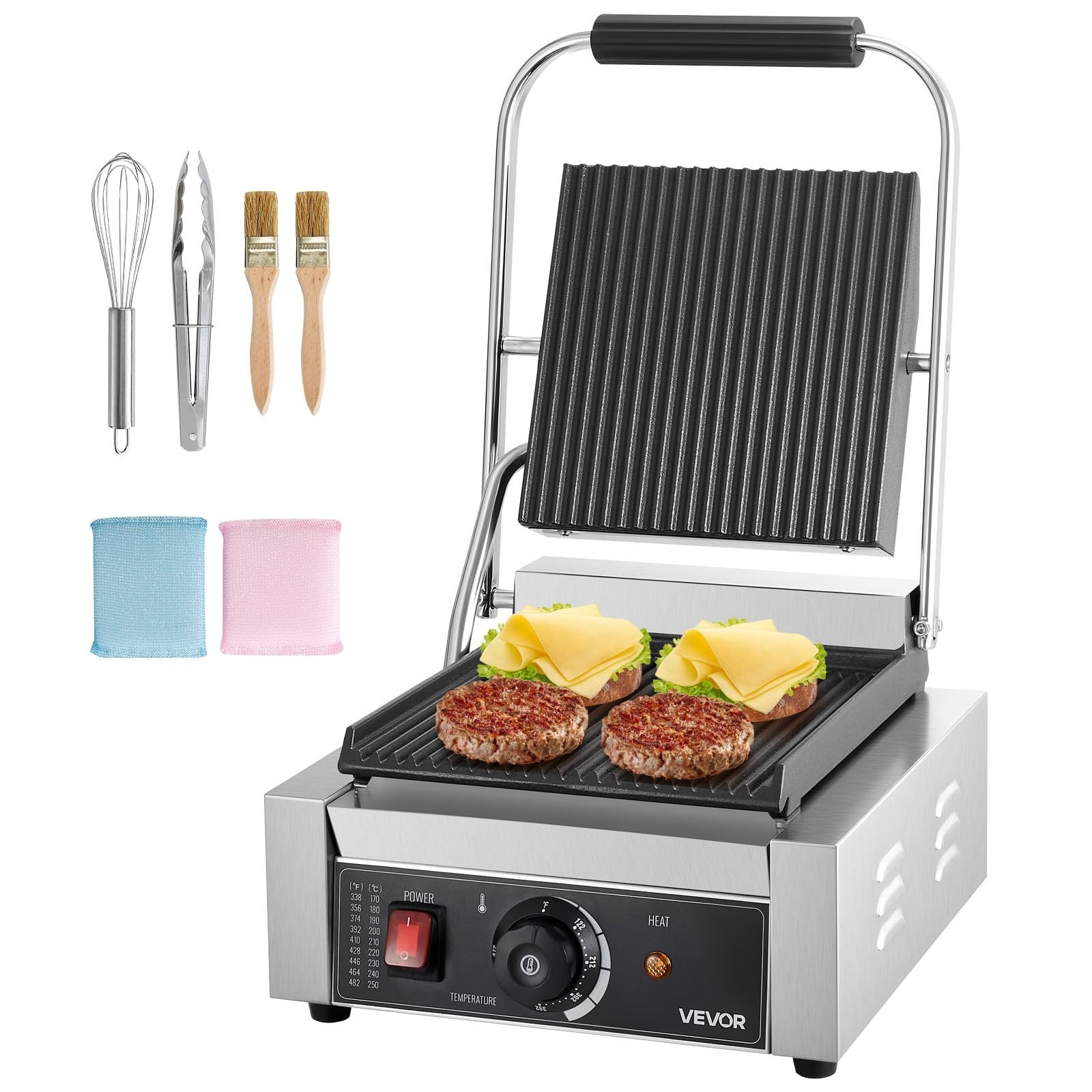 1800W Electric Panini Grill Sandwich Maker, Stainless Steel, Temp Control, Groov