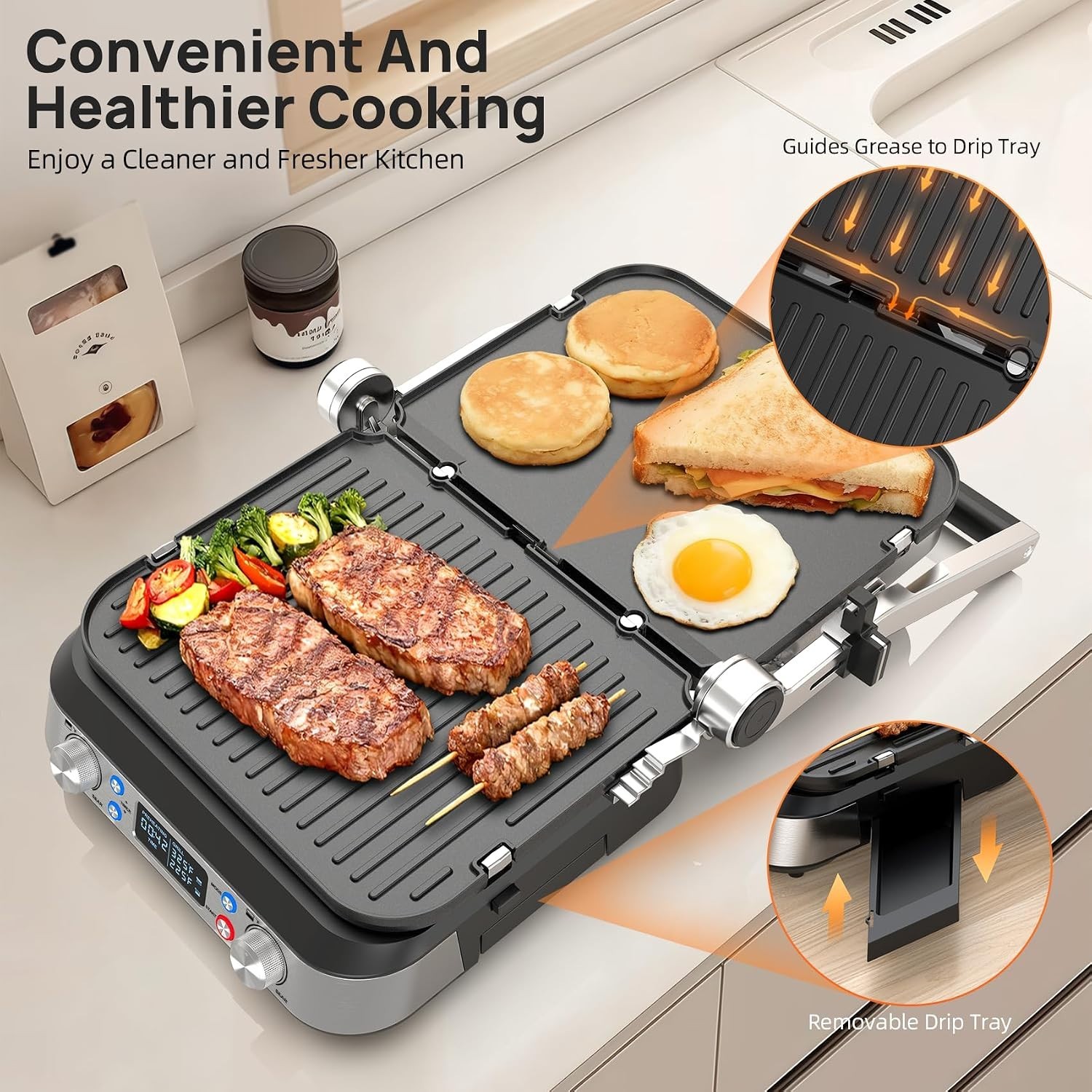 Dual-Zone Temperature Control Indoor Grill & Griddle | 1700W Low-Fat Cooking