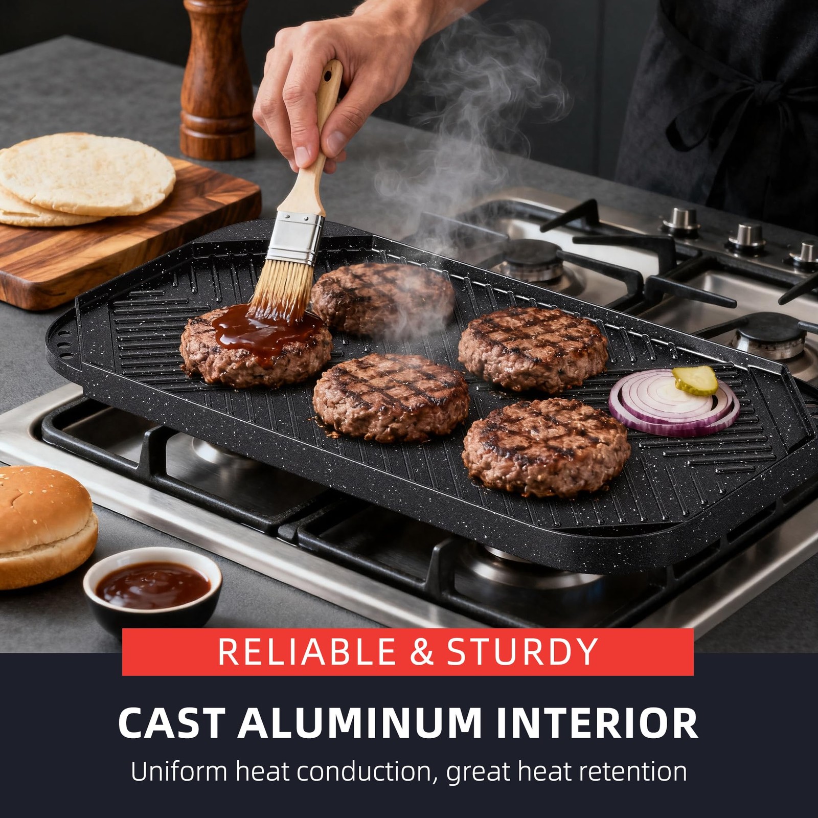19.5×11 Inch Nonstick Griddle Grill Pan Reversible Stove Top Cast Aluminum Flat