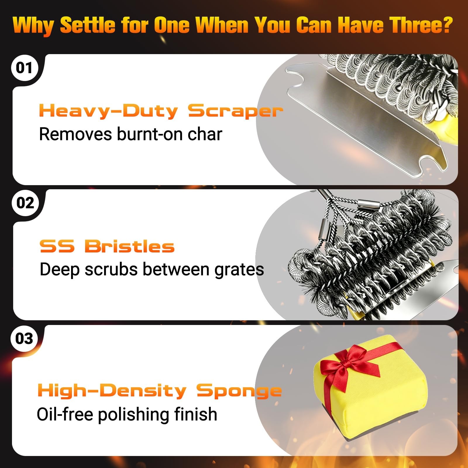 Magnetic 3-in-1 Grill Brush with Power Press Handle & Lock 18 inches, Orange