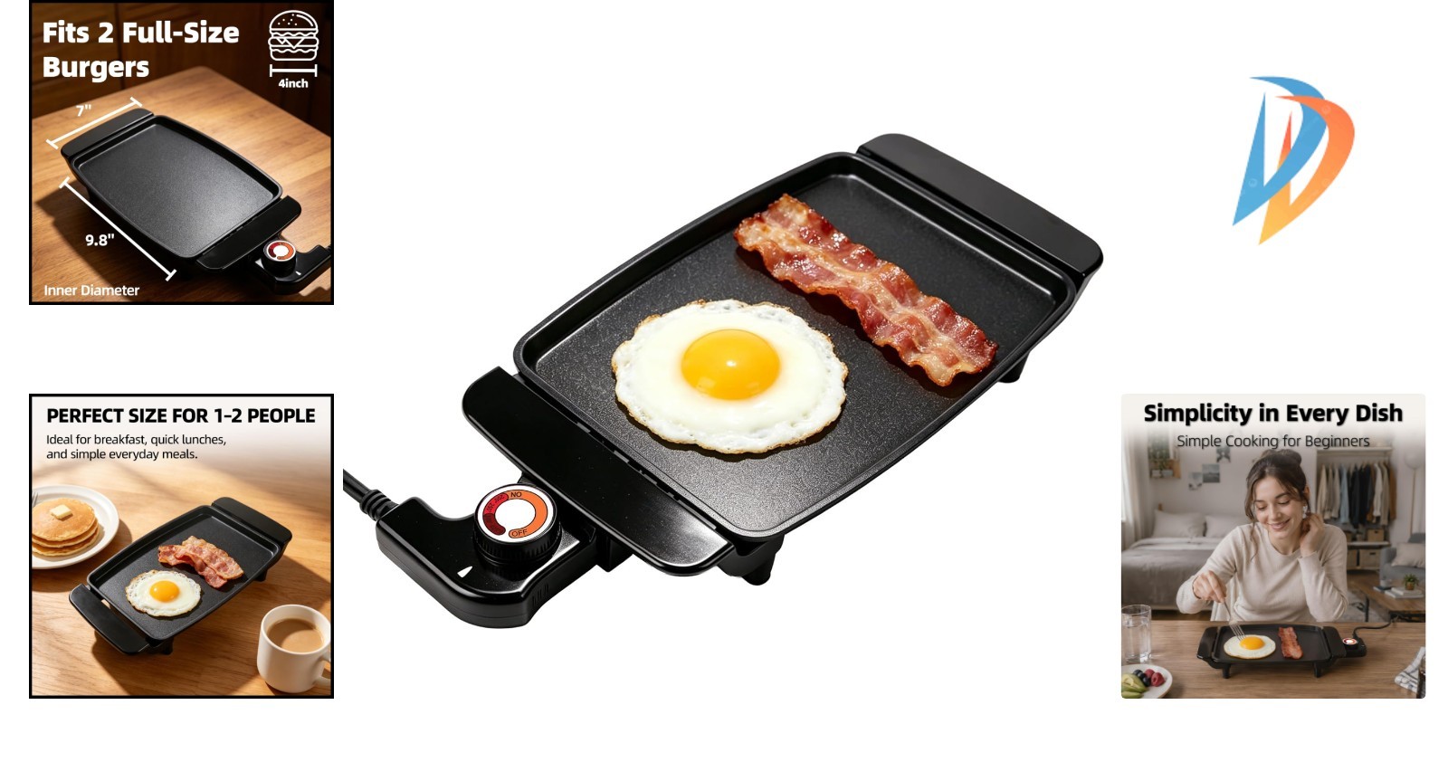 10 Inch Electric Griddle – Ceramic Non-Stick Skillet with Adjustable Thermostat