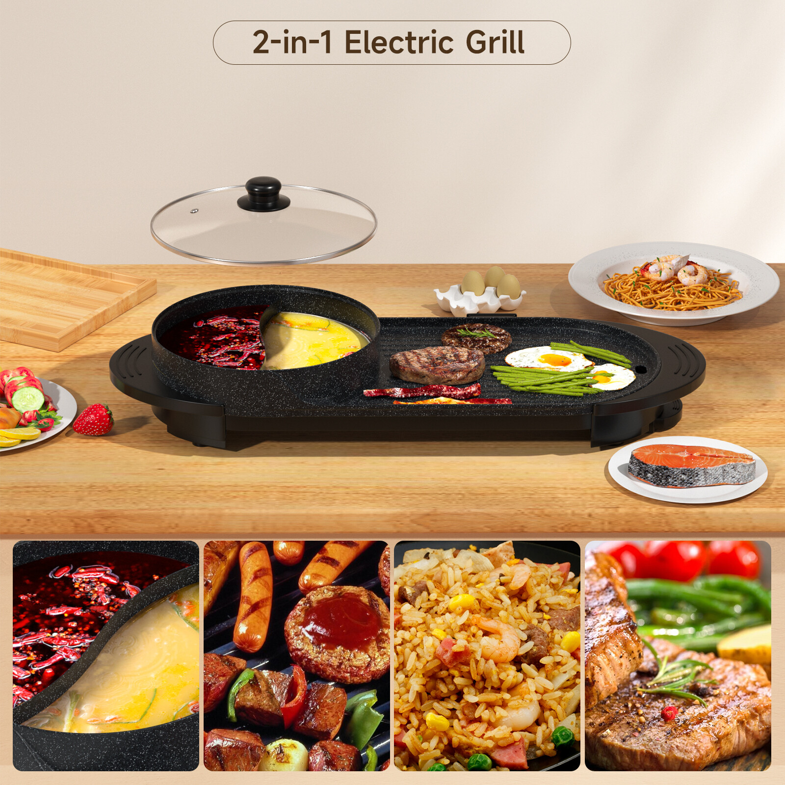 2 in 1 Portable Electric Hot Pot Barbecue Grill Non-Stick Teppanyaki Pan EP