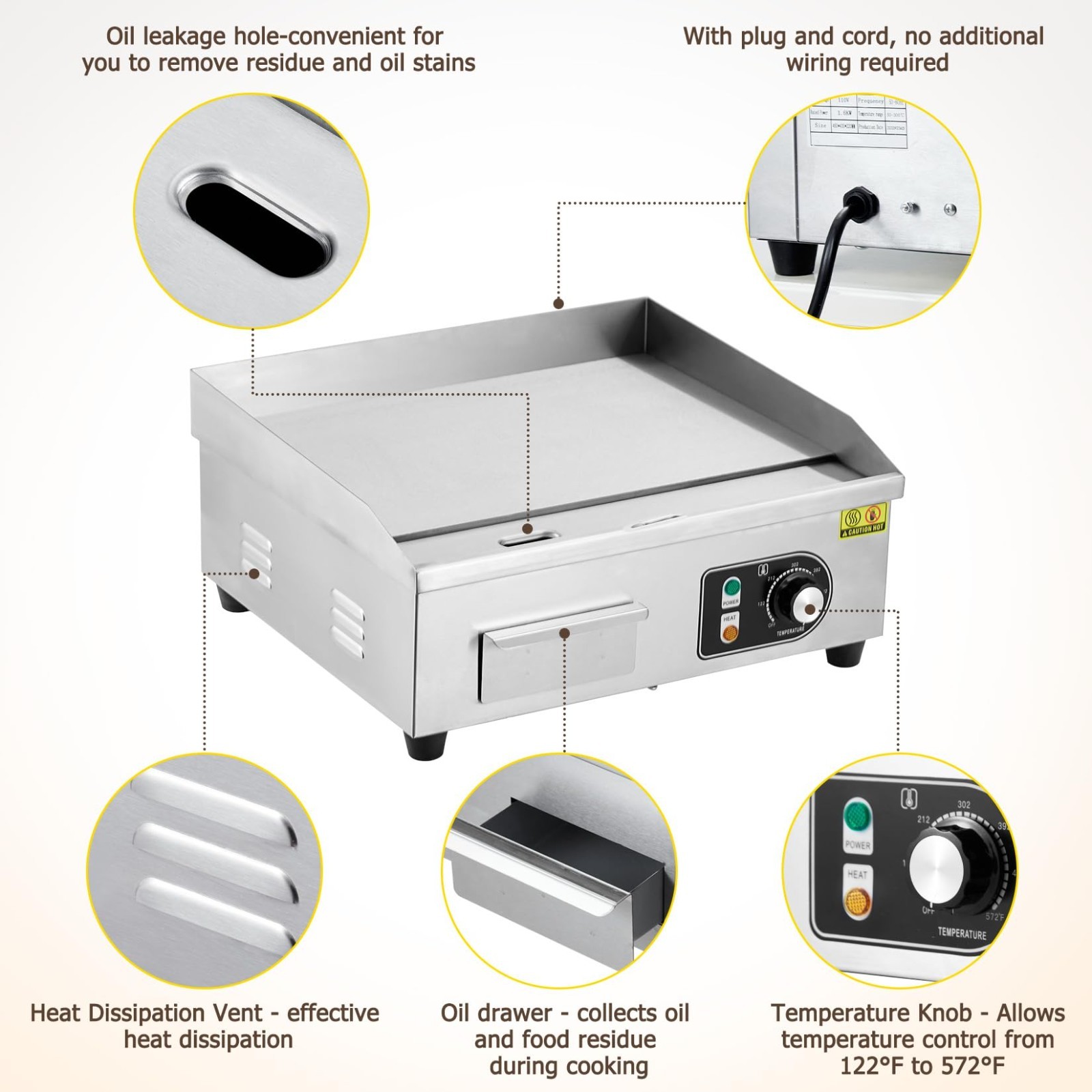 1500W 18″ Stainless Steel Electric Griddle, Adjustable Thermostat, Indoor/Outdoo