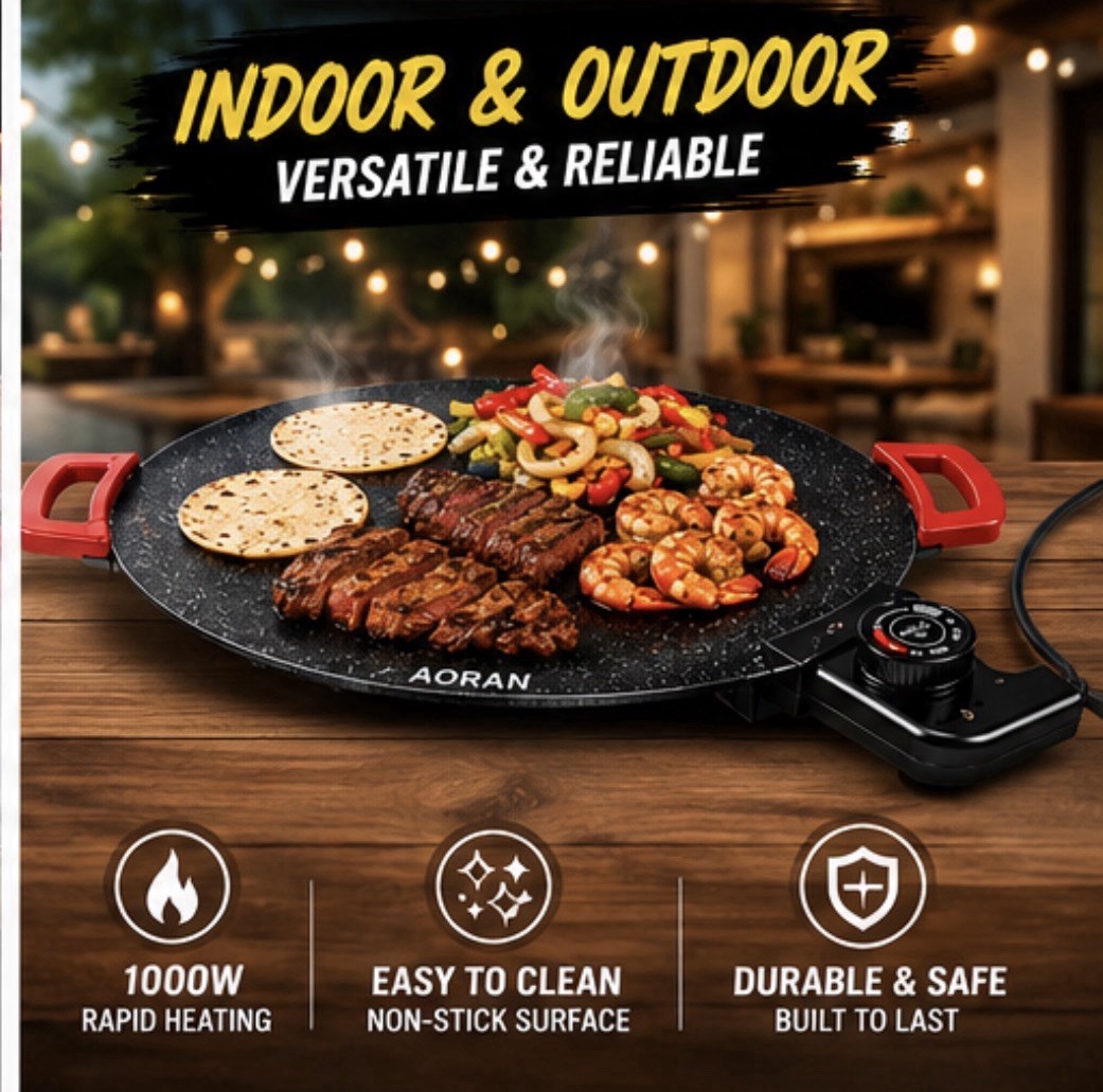AORAN 16in Round Electric Comal Griddle 1000W Non-Stick Temp Control Black
