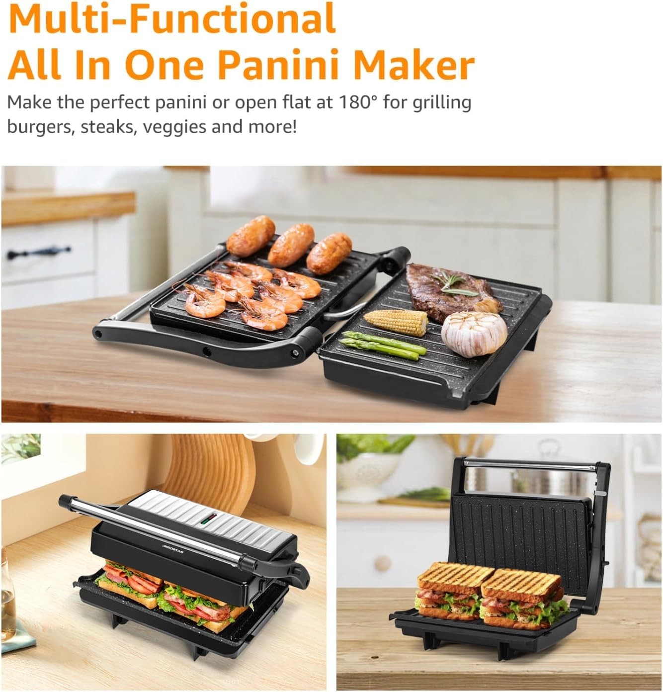 1000W Panini Press Grill with Ceramic Non-stick Plates, Sliver | Opens 180 De…