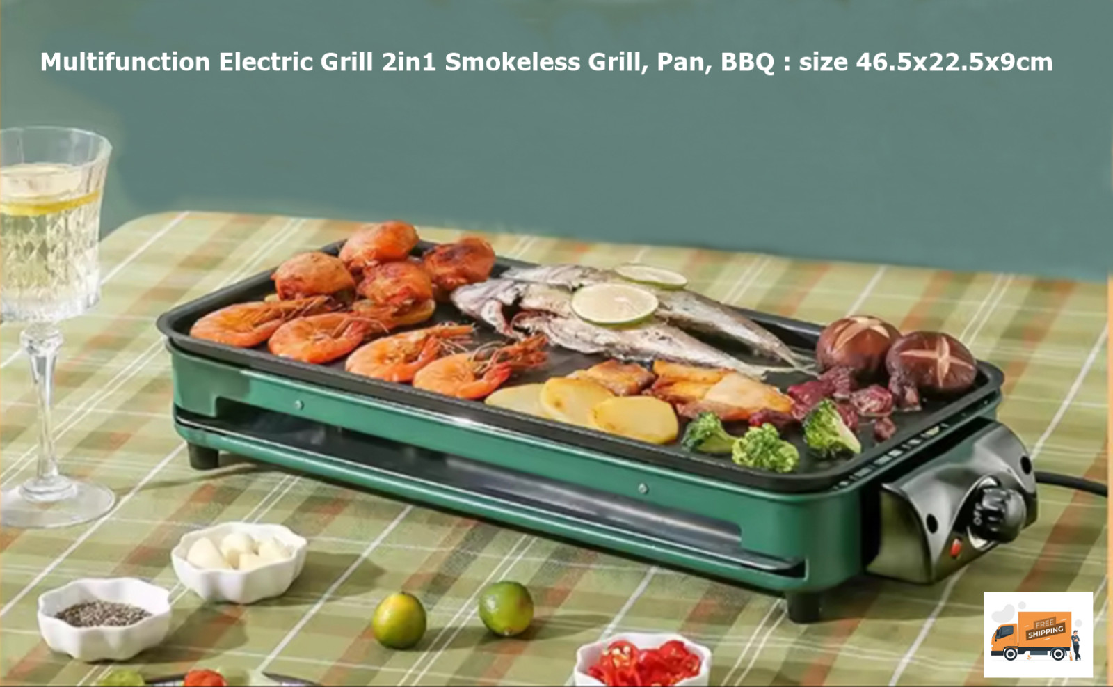 Multifunction Electric Grill 2in1 Smokeless Grill, Pan, BBQ : size 46.5×22.5x9cm