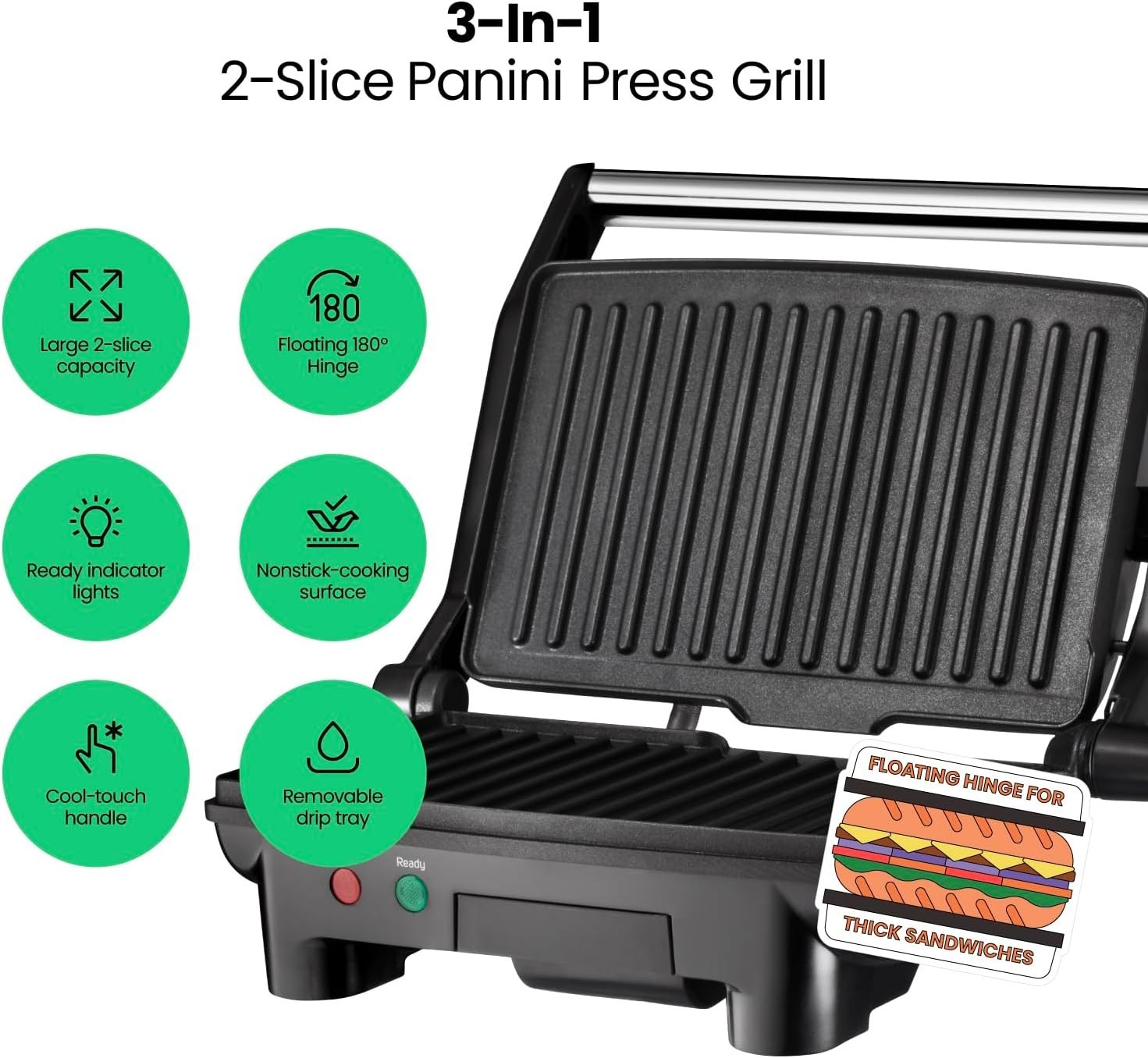Parrilla eléctrica para paninis, compacta, para 2 sándwiches, con placas antiadh