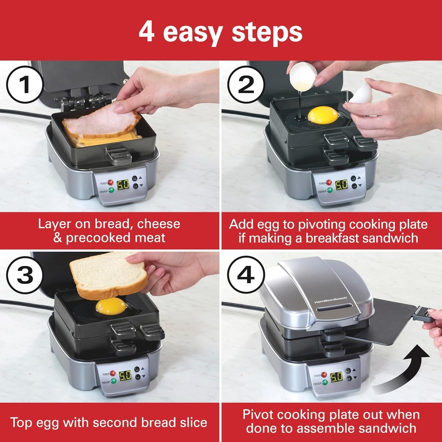 Customizable Hot Sandwich Maker 24SqIn Non-Stick PFAS-Free Silver 25471