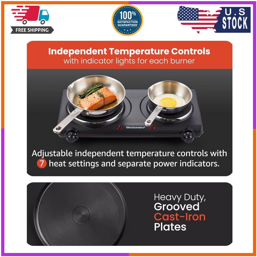 Elite Gourmet EDB-302BF# Countertop Double Cast Iron Burner, 1500 Watts Electric