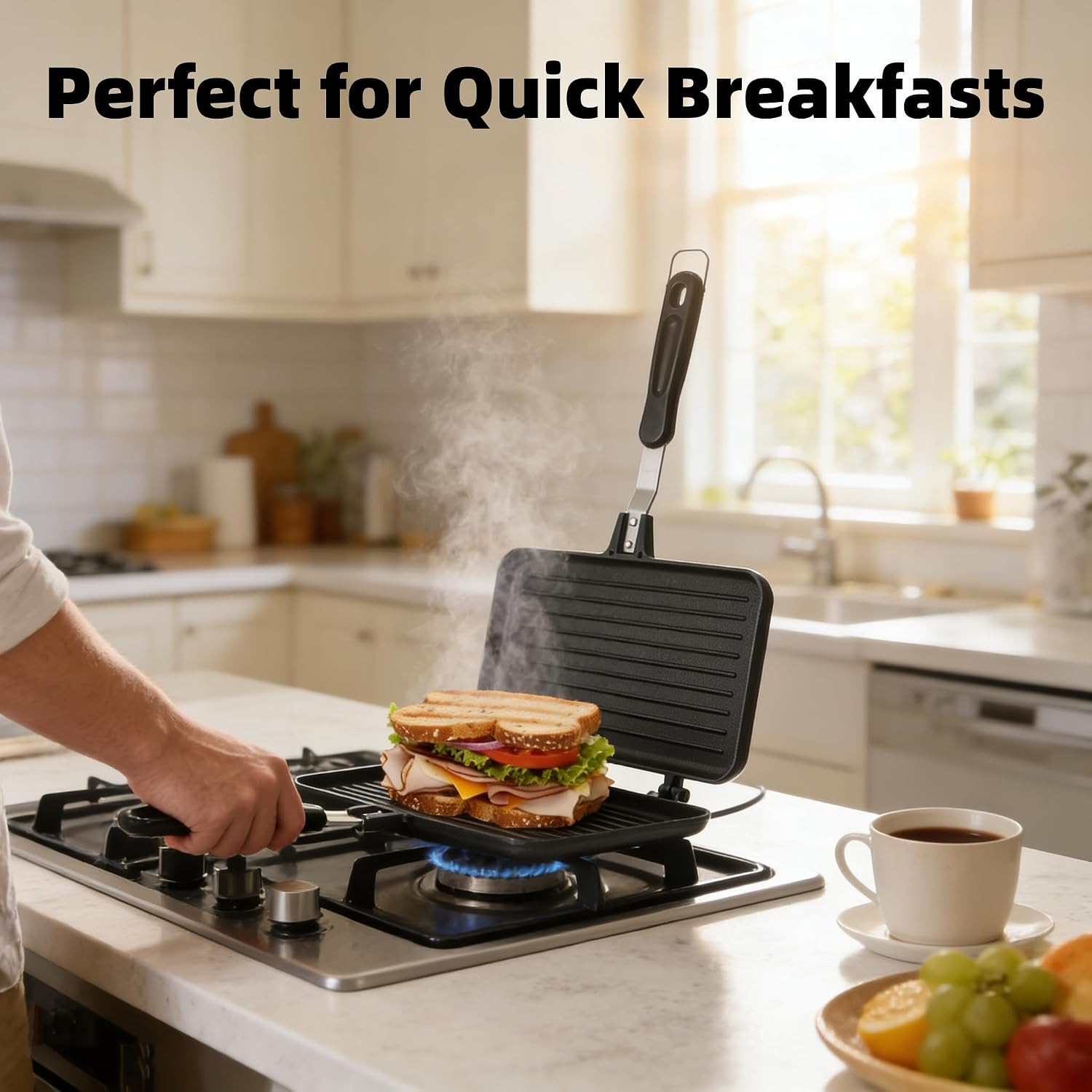 Sandwich Maker, Non-Stick Grill Panini Maker Pan with Handle, Stovetop Toasted A