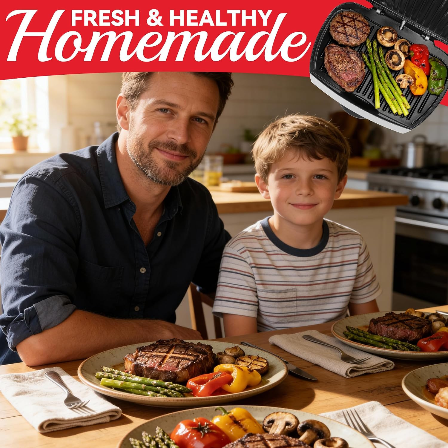Family-Sized Contact Grill, 6-Serving Electric Indoor Grill with Adjustable Temp