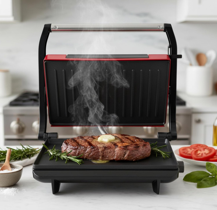 Parrilla panini eléctrica con placas antiadherentes para sándwiches y carnes roj