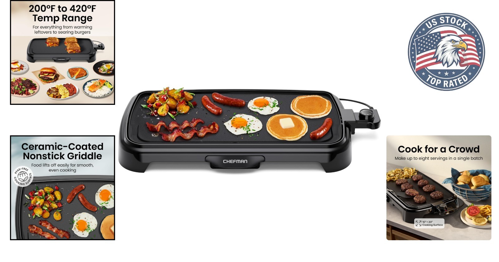 XL Nonstick Electric Griddle with Removable Control – 10 x 20 Cooking Surface