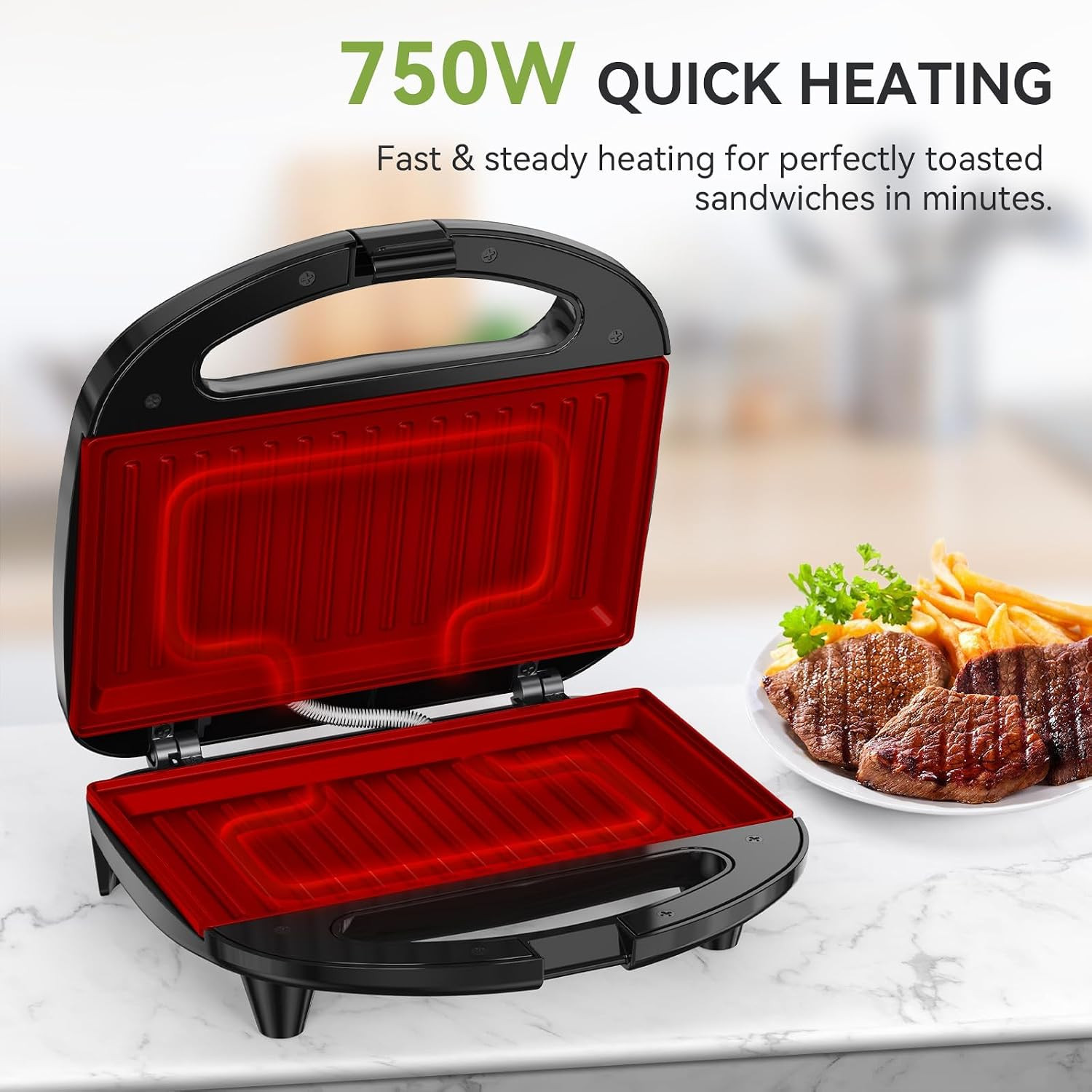 Panini Press Sandwich Maker, 2-Slice Sandwich Toaster Grill | 750W Heating with