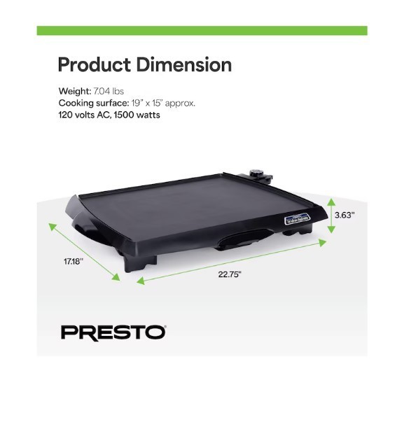 Presto Tilt Feetn Drain Electric BigGriddle Nonstick Ceramic Cooking Surface