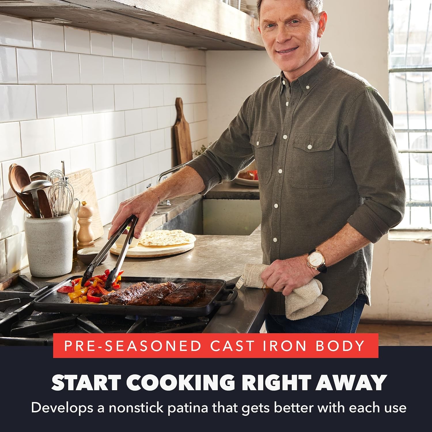 x Bobby Flay 16.5 x 9.5 Cast Iron Reversible Double Burner Griddle | Natural