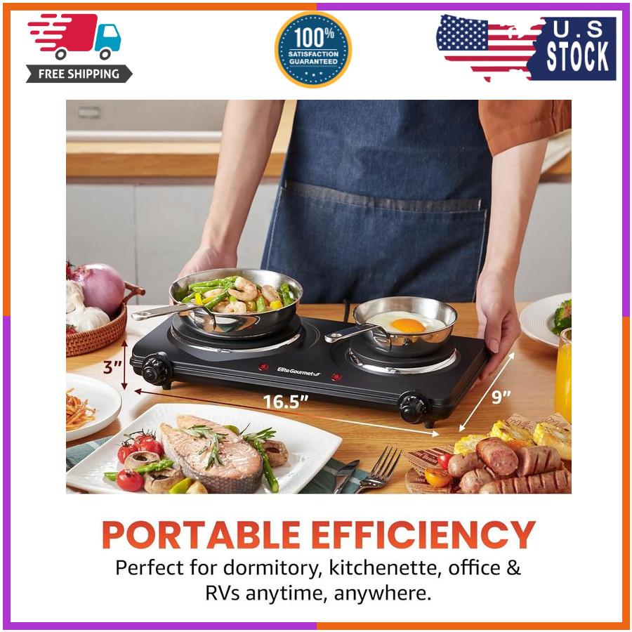 Elite Gourmet EDB-302BF# Countertop Double Cast Iron Burner, 1500 Watts Electric