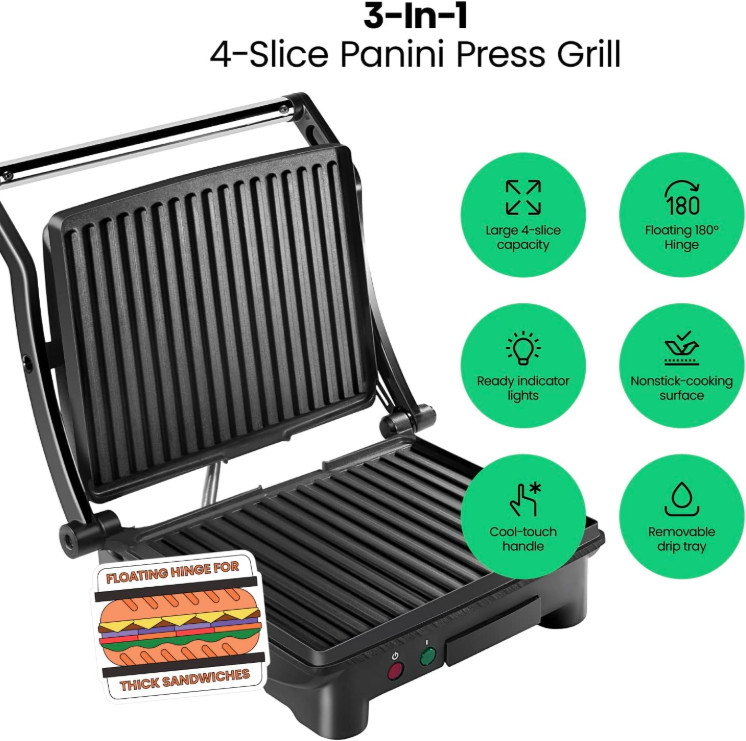 NEW -Panini Press Grill and Gourmet Sandwich Maker, Non-Stick, Opens 180 Degrees