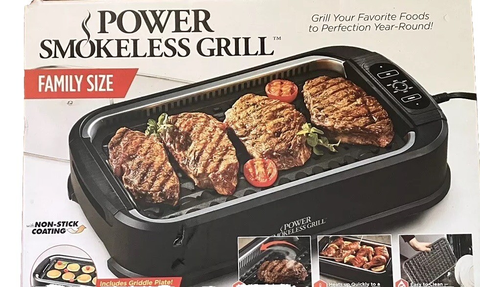 POWER SMOKELESS GRILL 1500 WATTS ELECTRIC INDOOR OUTDOOR WITH LID NEW IN BOX