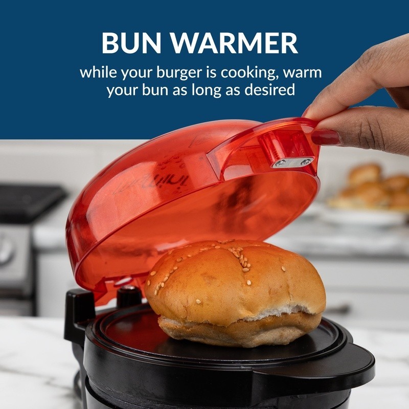 Smash Burger Griddle W/ Bun Warmer 750W Nonstick Compact Easy to Use Oil Tray