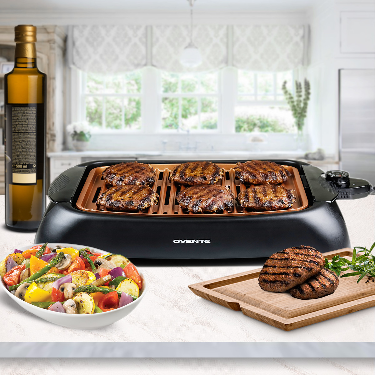 Ovente Electric Cooking Grill 13 x 10 Inch Nonstick Flat Plate Copper GD1632NLCO