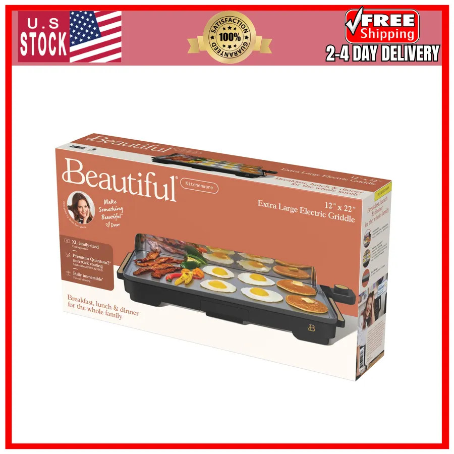 Beautiful Drew Barrymore XL Electric Griddle 12 x 22 Nonstick Black Sesame