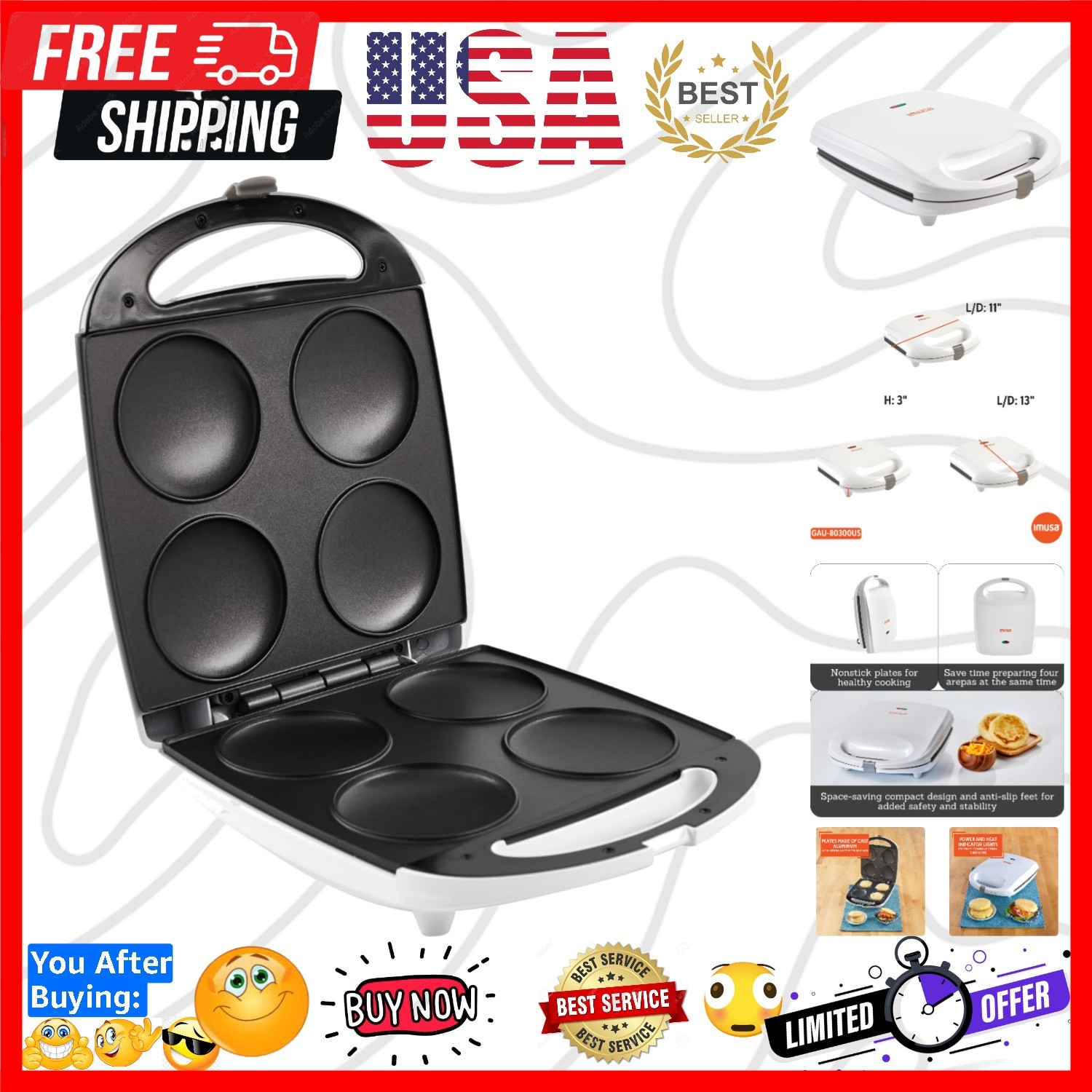 GAU-80300 4 Slot Electric Arepa Maker with Nonstick Surface 1,200-Watts, White