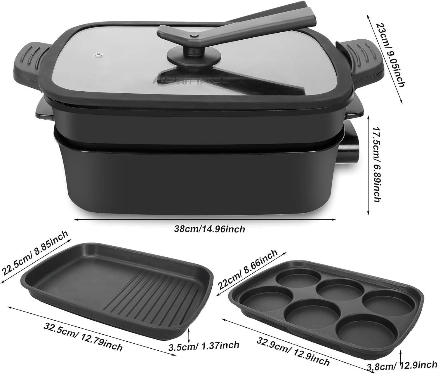 3-in-1 Multifunctional Electric Grill,Electric Skillet Nonstick with Lids 1400W
